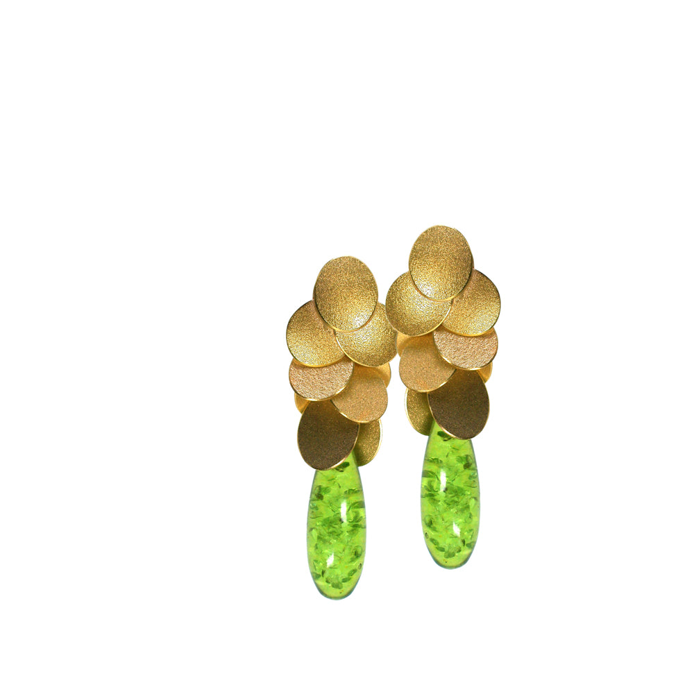 Ohrschmuck LEAVES  Silber, goldplattiert mit grünem Bernstein